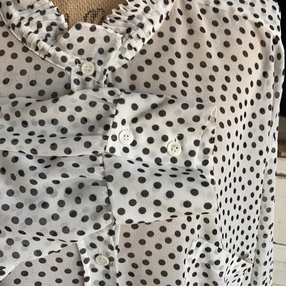 Zara oversized white sheer blouse black polka dots high ruffle neck button down - Picture 9 of 15
